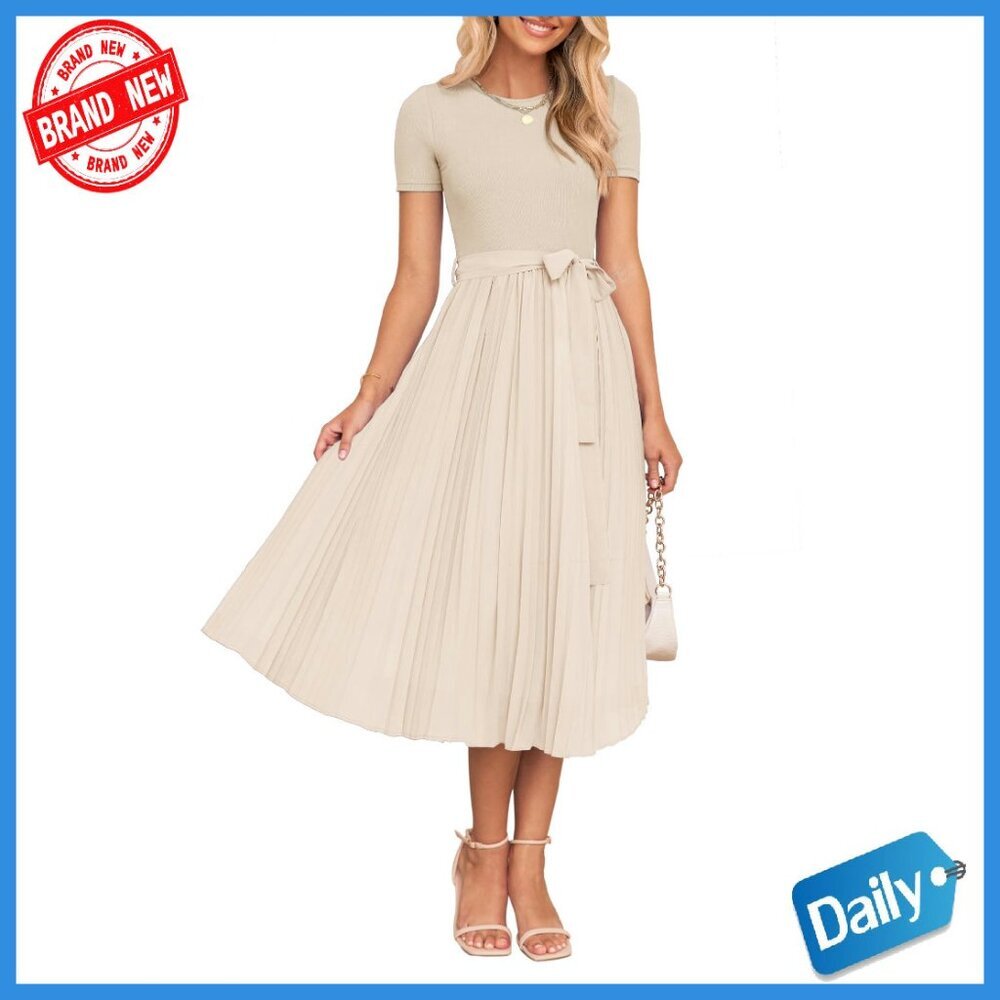 Summer Midi Dress Knit Top Pleated Chiffon Skirt Belted Wedding Guest